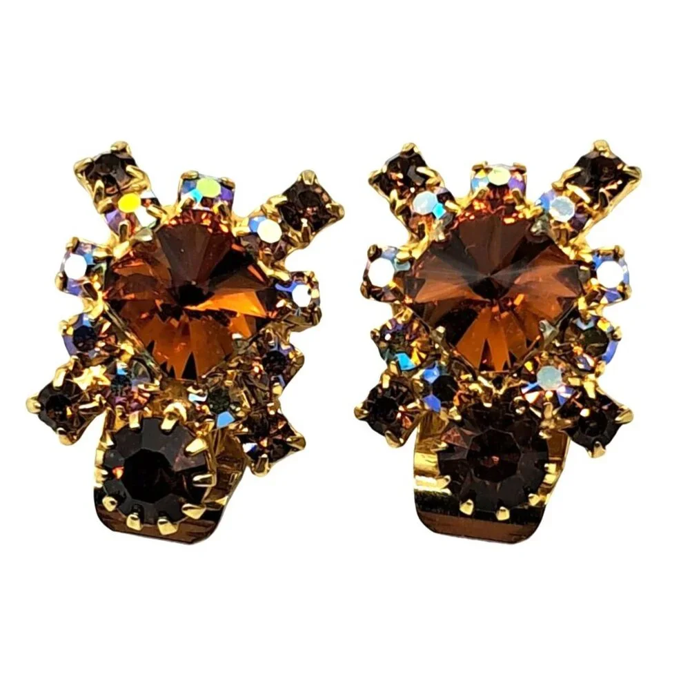 Vintage Rivoli Rhinestone Earrings Aurora Borealis Brown Clip Ons Costume Jewelr - Picture 3 of 11